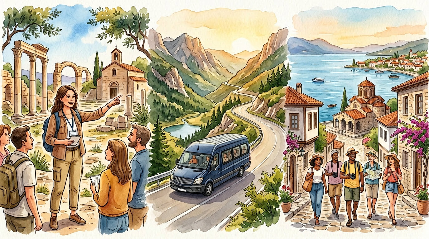 Deutschsprachige Reiseführerin erklärt Sehenswürdigkeiten in Mazedonien – Reisebus, Altstadt und Ohridsee im Hintergrund